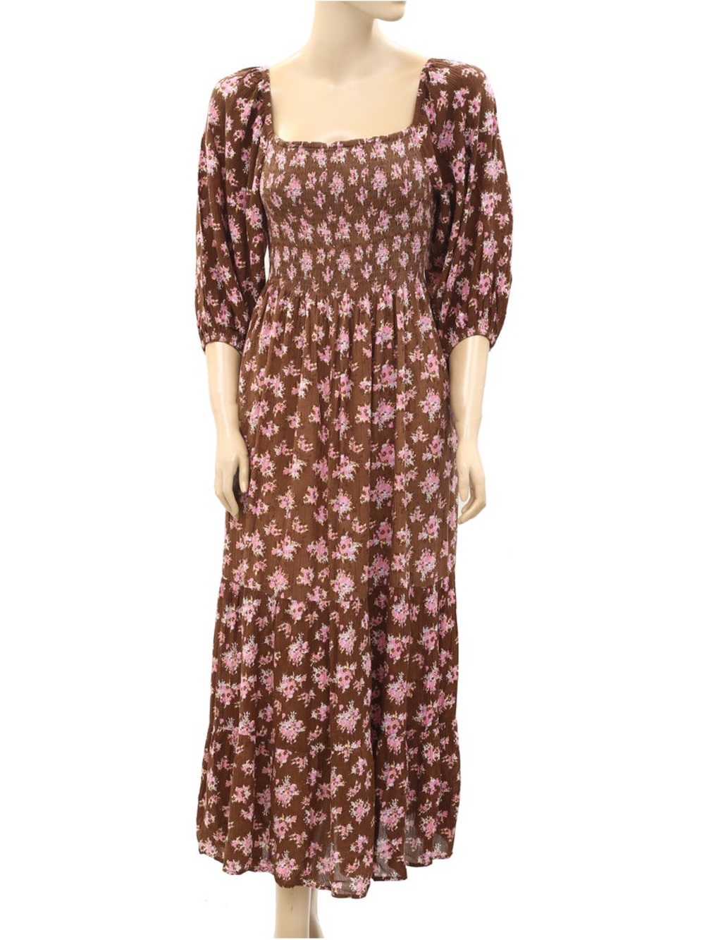 Urban Outfitters Lottie Brown Floral Smocked Lace Up Back Midi Dress Women’s S